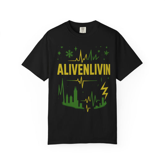 Vibrant Graphic T-Shirt for Music Lovers, ALIVENLIVIN Tee, Casual Wear for Concerts, Unisex Apparel, Gift for Him/Her
