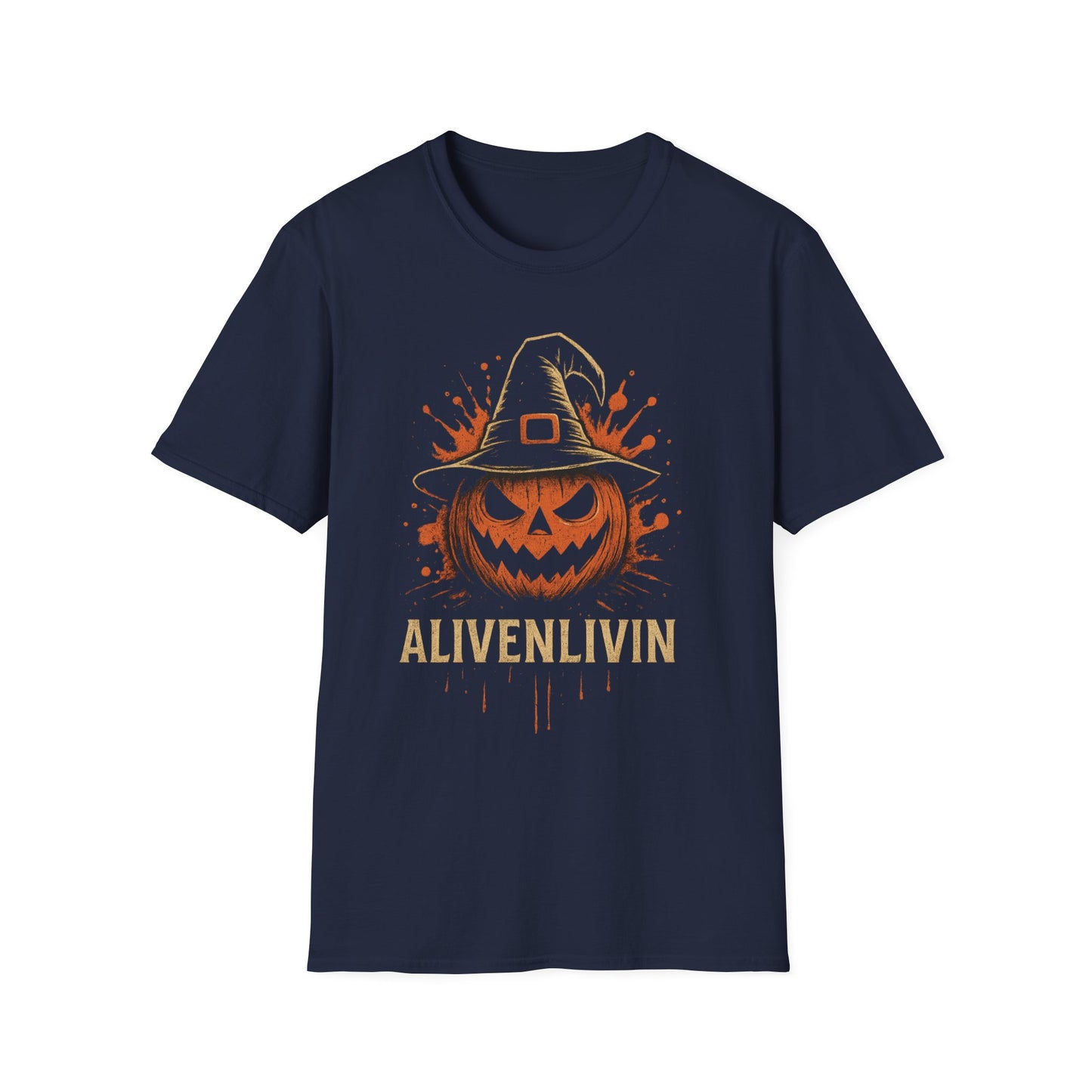 Halloween Pumpkin T-Shirt, Unisex Casual Tee, Spooky Season Apparel, Fall Festive Wear, Gift for Halloween Lovers, ALIVENLIVIN Shirt
