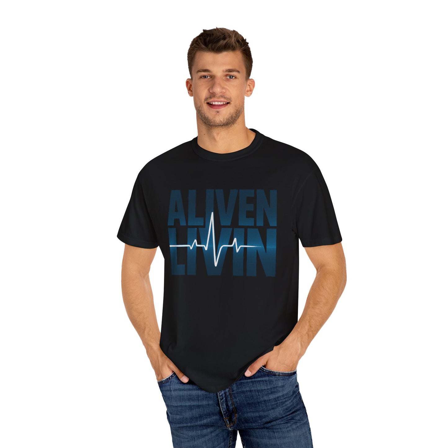 Unisex Garment-Dyed T-shirt - Aliven Livin, Casual Wear, Graphic Tee, Gift for Health Enthusiasts, Motivational Apparel