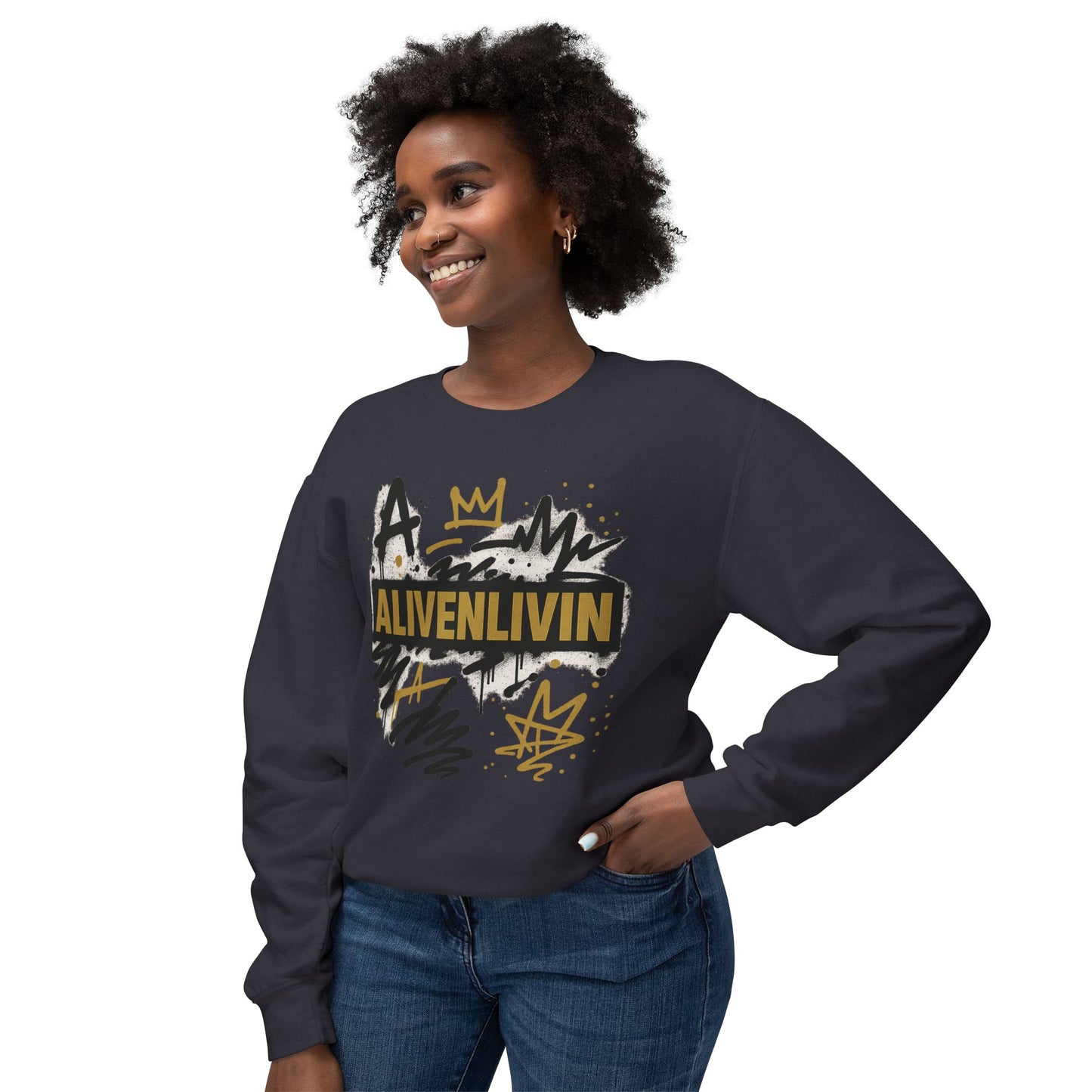 Trendy Unisex Sweatshirt with 'ALIVENLIVIN' Design, Casual Wear, Gift for Friends, Motivational Sweater, Graphic Crewneck