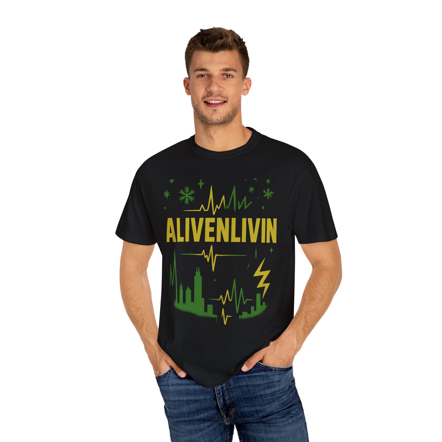 Vibrant Graphic T-Shirt for Music Lovers, ALIVENLIVIN Tee, Casual Wear for Concerts, Unisex Apparel, Gift for Him/Her