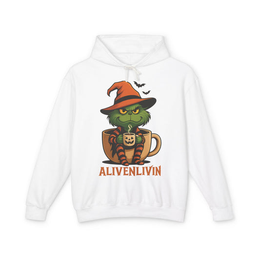 Whimsical Grinch Coffee Hoodie, Cozy Sweatshirt for Fall Vibes, Halloween Gift, Unisex Lightweight Hooded Sweatshirt, Funny Festive Apparel