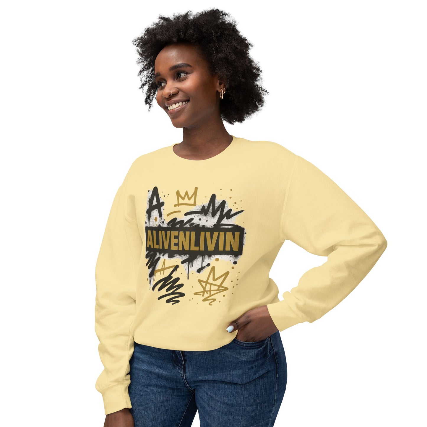 Trendy Unisex Sweatshirt with 'ALIVENLIVIN' Design, Casual Wear, Gift for Friends, Motivational Sweater, Graphic Crewneck