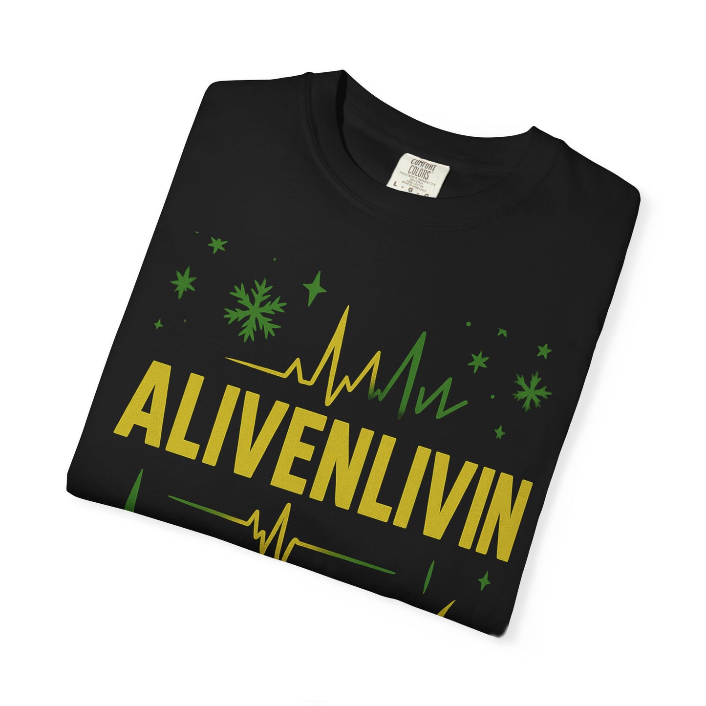Vibrant Graphic T-Shirt for Music Lovers, ALIVENLIVIN Tee, Casual Wear for Concerts, Unisex Apparel, Gift for Him/Her
