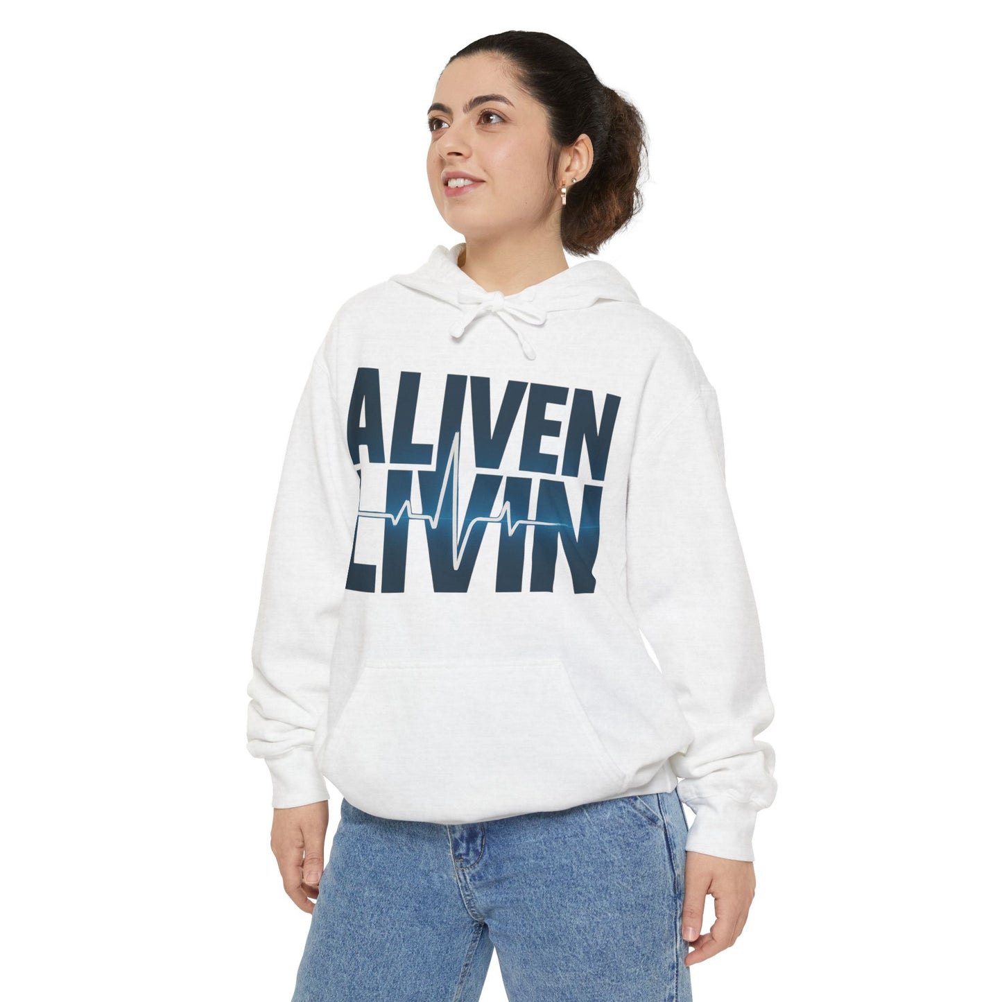 Garment-Dyed Hoodie with 'ALIVEN LIVIN' Design | Cozy Casual Wear, Unisex Sweatshirt, Perfect Gift for Wellness Lovers, Everyday Comfort