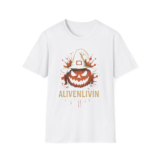 Halloween Pumpkin T-Shirt, Unisex Casual Tee, Spooky Season Apparel, Fall Festive Wear, Gift for Halloween Lovers, ALIVENLIVIN Shirt