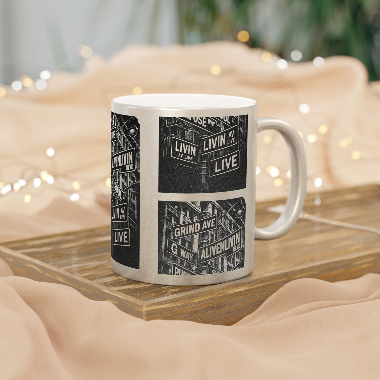 Metallic Inspirational Mug - Urban Life Design, Coffee Cup for Motivation, Gift for Dreamers, Creative Souls, Home or Office Decor