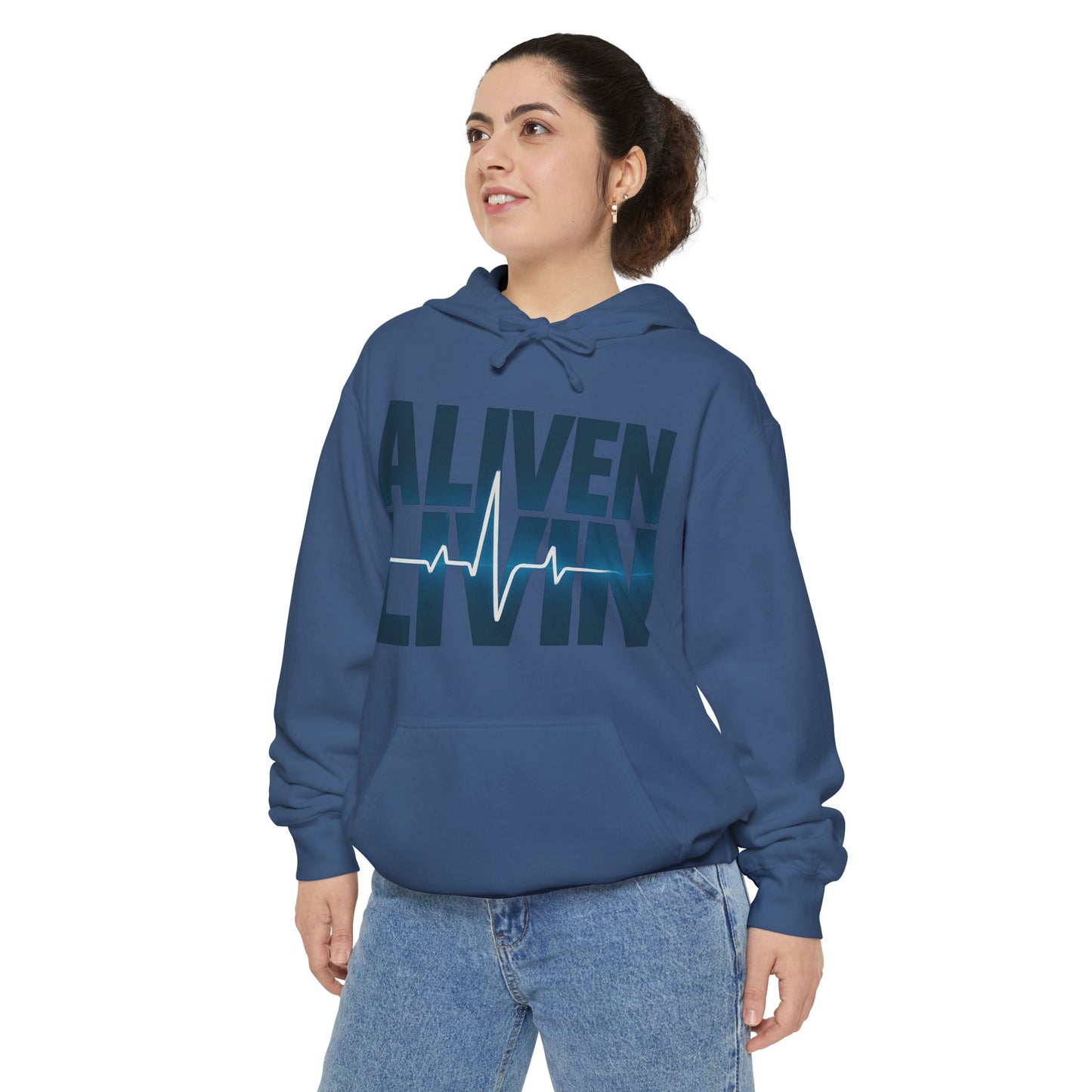 Garment-Dyed Hoodie with 'ALIVEN LIVIN' Design | Cozy Casual Wear, Unisex Sweatshirt, Perfect Gift for Wellness Lovers, Everyday Comfort
