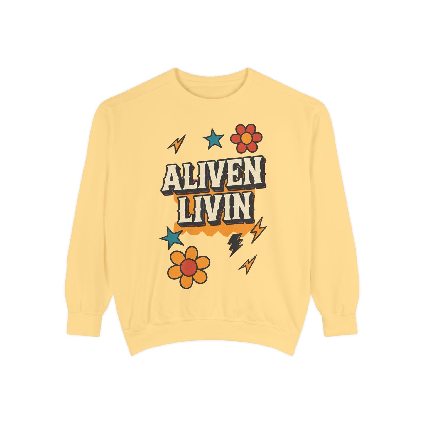 Vibrant Unisex Sweatshirt with 'Aliven Livin' Design, Cozy Apparel for Everyday Comfort, Ideal for Casual Wear, Gifts, and Festivals