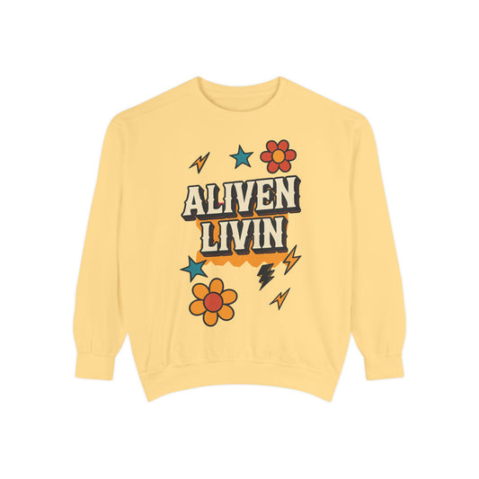 Vibrant Unisex Sweatshirt with 'Aliven Livin' Design, Cozy Apparel for Everyday Comfort, Ideal for Casual Wear, Gifts, and Festivals
