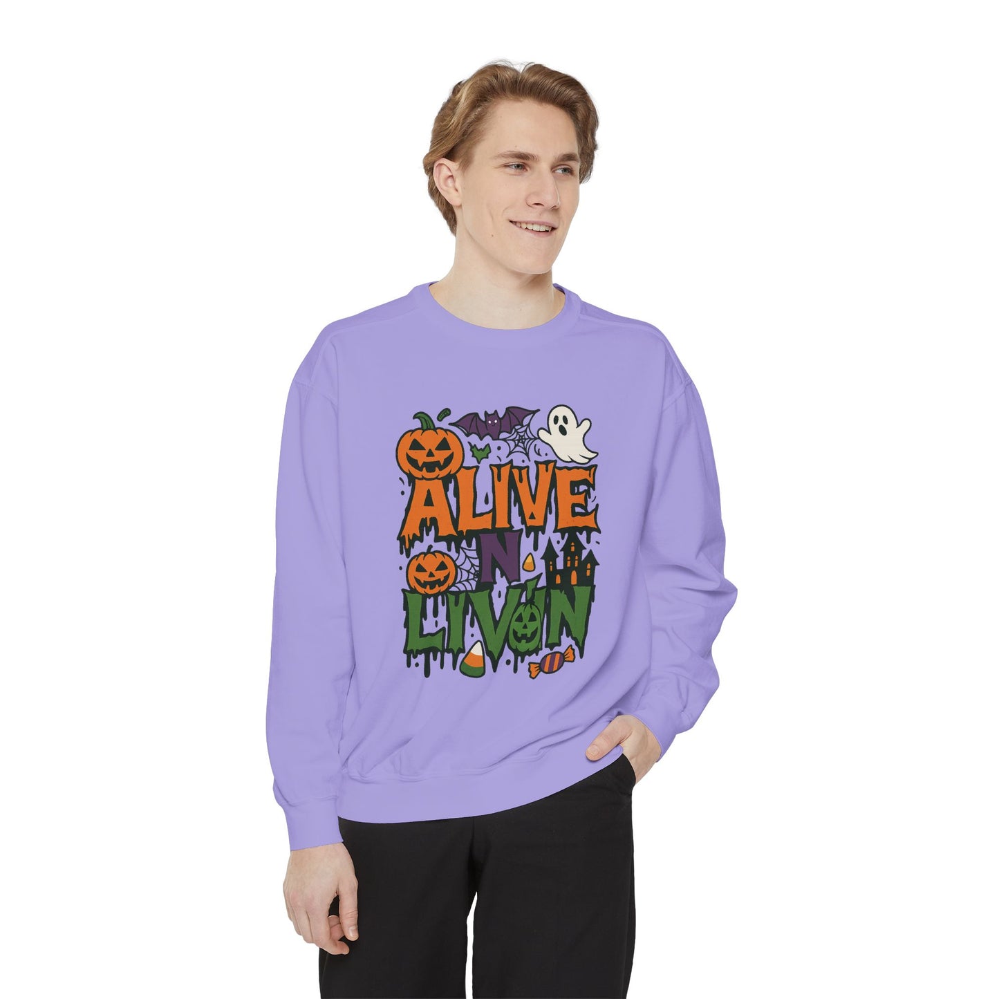 Halloween Themed Sweatshirt, Cozy Fall Apparel, Unisex Fall Fashion, Holiday Gift for Spooky Season, Cute Ghost and Pumpkin Design