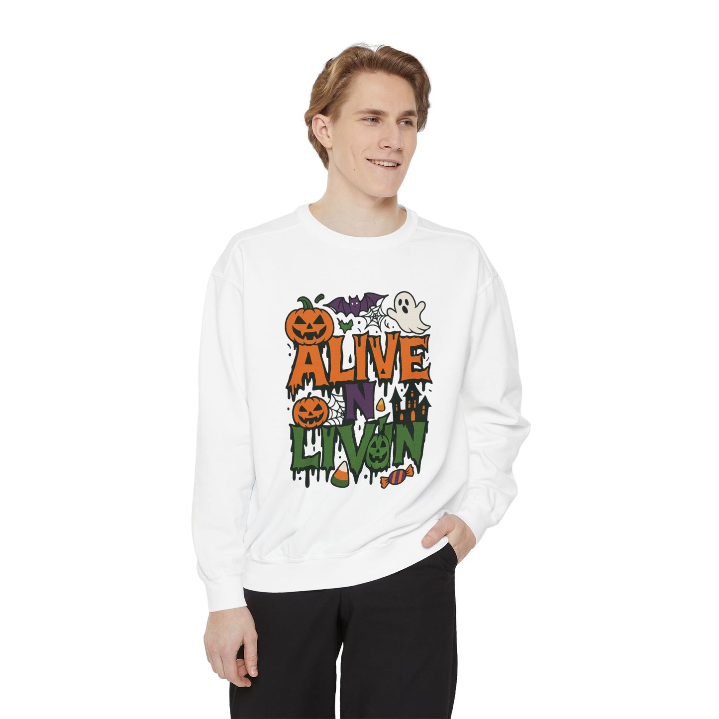 Halloween Themed Sweatshirt, Cozy Fall Apparel, Unisex Fall Fashion, Holiday Gift for Spooky Season, Cute Ghost and Pumpkin Design