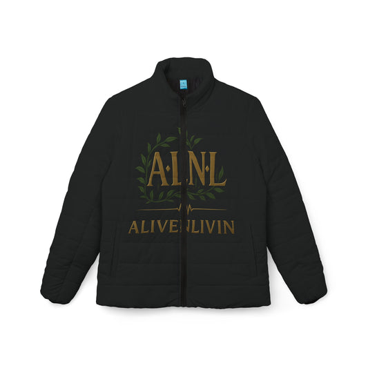 Black Womens Puffer Jacket with ALIVENLIVIN Logo, Warm Winter Coat, Stylish Outerwear, Trendy Fashion Apparel, Gift for Her, Winter Holiday