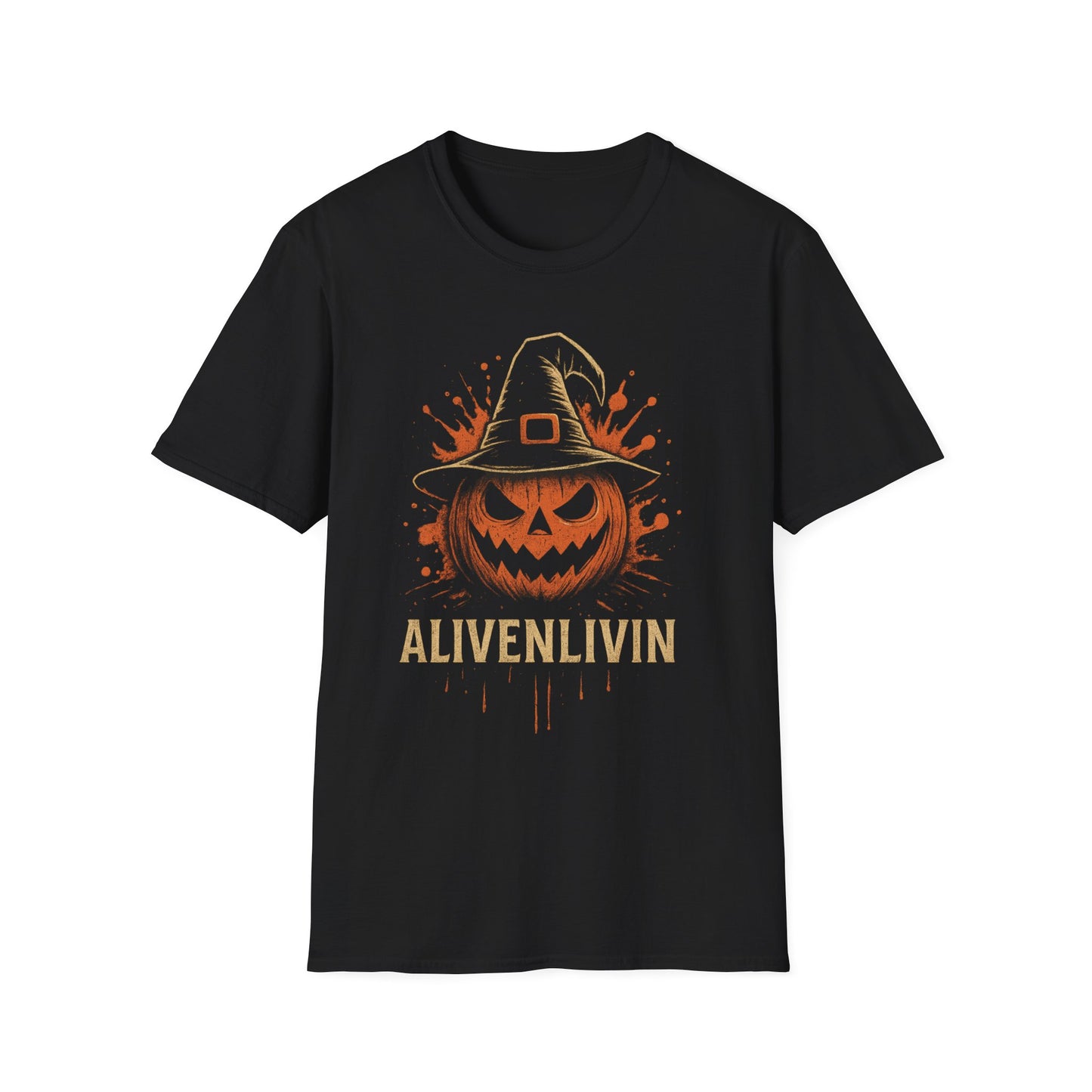 Halloween Pumpkin T-Shirt, Unisex Casual Tee, Spooky Season Apparel, Fall Festive Wear, Gift for Halloween Lovers, ALIVENLIVIN Shirt