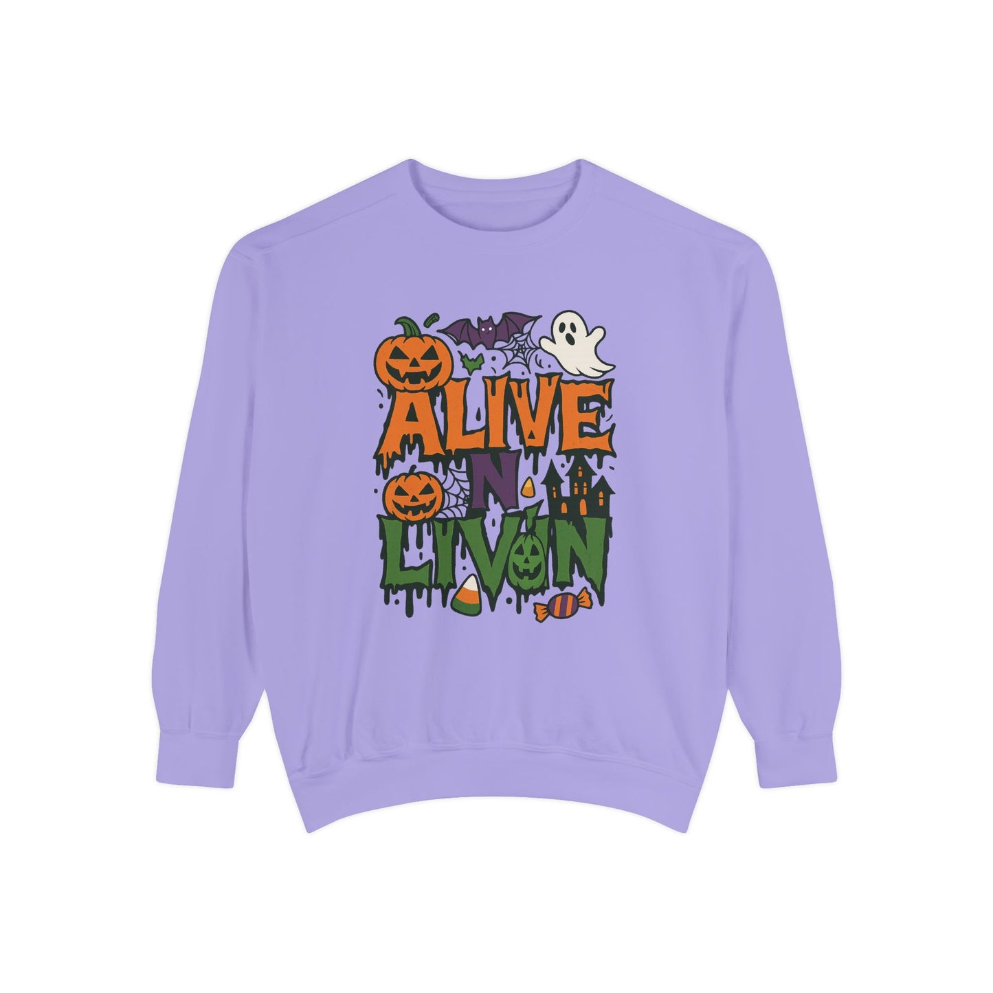 Halloween Themed Sweatshirt, Cozy Fall Apparel, Unisex Fall Fashion, Holiday Gift for Spooky Season, Cute Ghost and Pumpkin Design