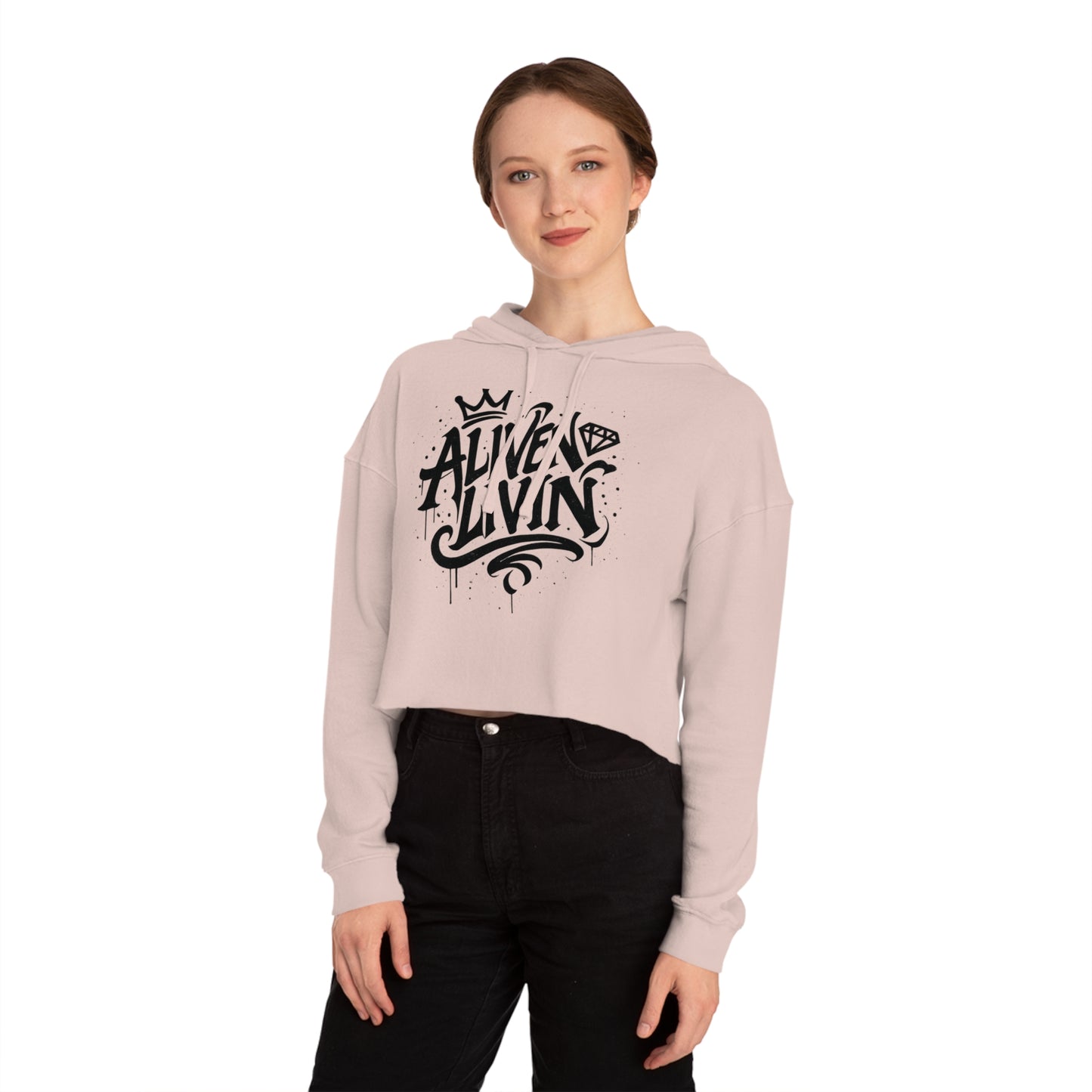 Trendy Cropped Hooded Sweatshirt with 'ALIVEN LIVIN' Design, Casual Streetwear for Women, Perfect for Everyday Wear, Gift for Her, [...]