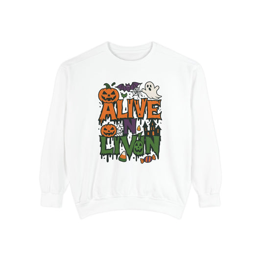 Halloween Themed Sweatshirt, Cozy Fall Apparel, Unisex Fall Fashion, Holiday Gift for Spooky Season, Cute Ghost and Pumpkin Design
