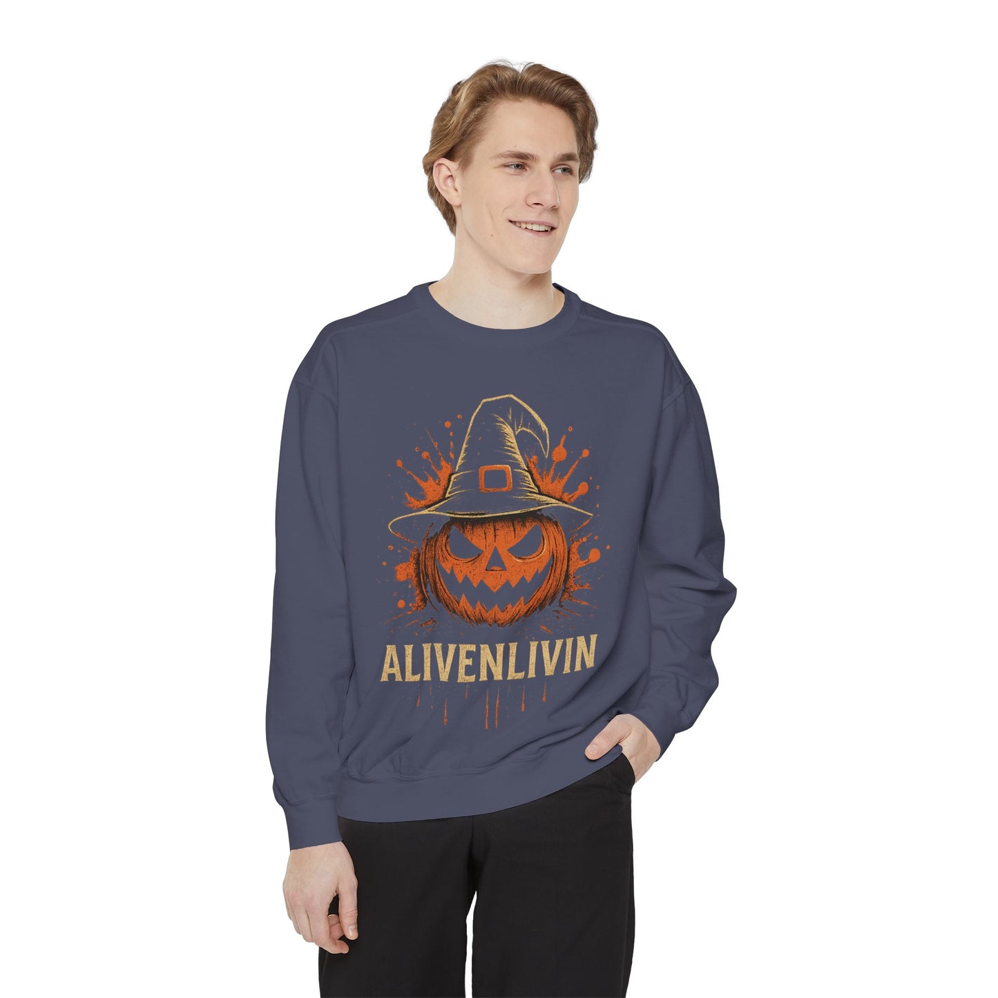 Halloween Pumpkin Sweatshirt with 'ALIVENLIVIN' Design, Cozy Unisex Garment-Dyed Sweatshirt for Fall, Perfect for Halloween, Autumn [...]