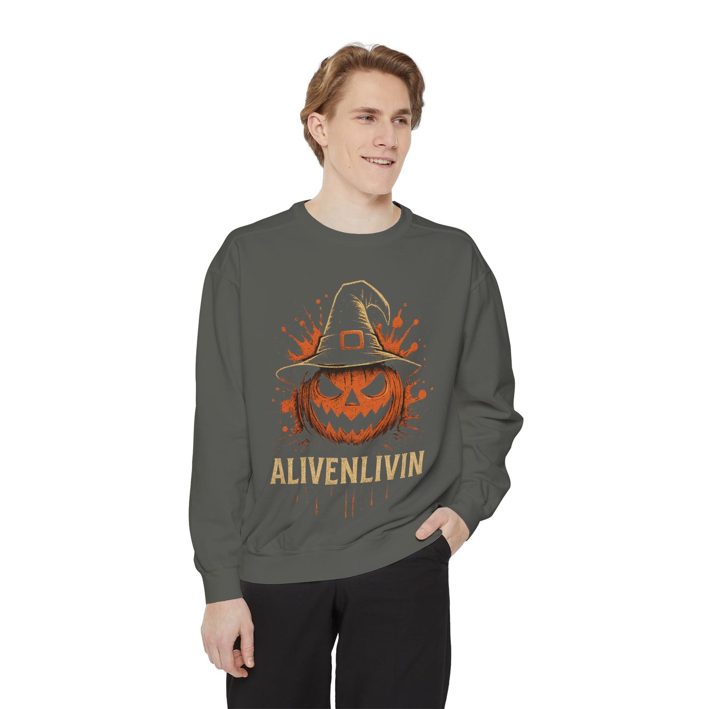 Halloween Pumpkin Sweatshirt with 'ALIVENLIVIN' Design, Cozy Unisex Garment-Dyed Sweatshirt for Fall, Perfect for Halloween, Autumn [...]