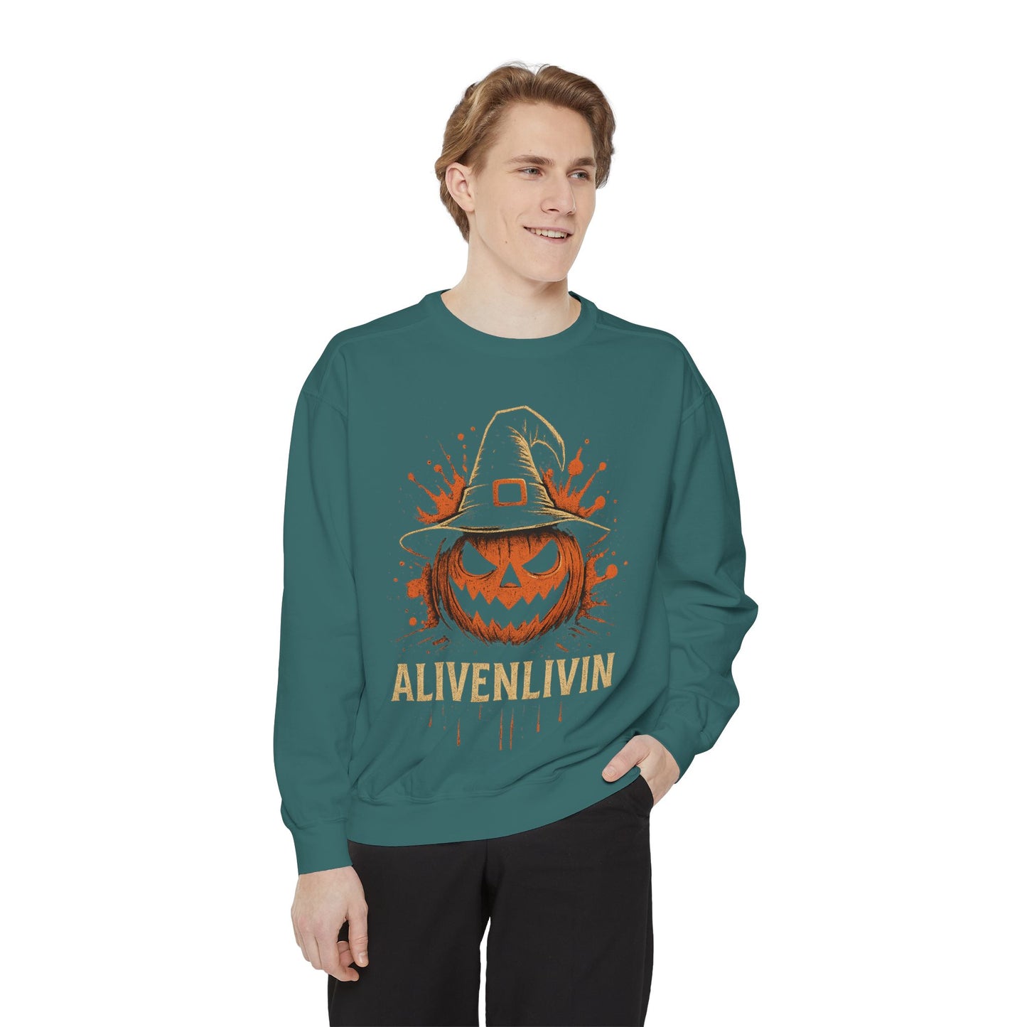 Halloween Pumpkin Sweatshirt with 'ALIVENLIVIN' Design, Cozy Unisex Garment-Dyed Sweatshirt for Fall, Perfect for Halloween, Autumn [...]