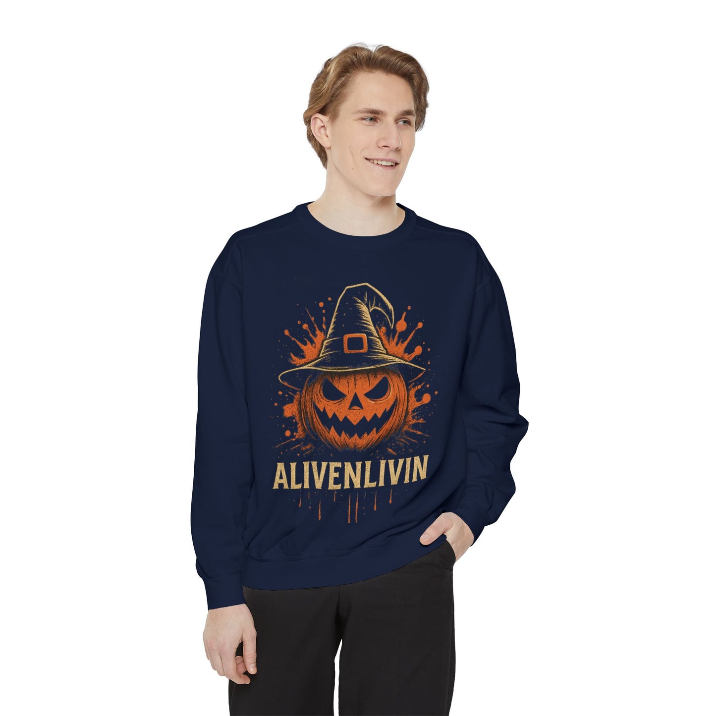 Halloween Pumpkin Sweatshirt with 'ALIVENLIVIN' Design, Cozy Unisex Garment-Dyed Sweatshirt for Fall, Perfect for Halloween, Autumn [...]
