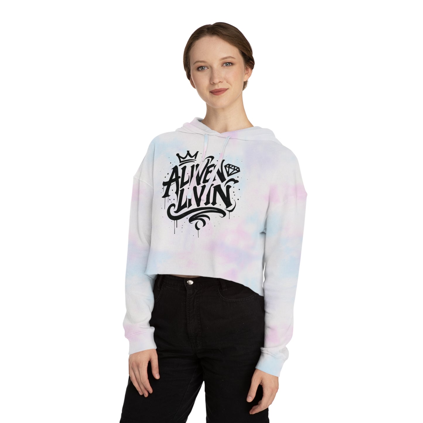 Trendy Cropped Hooded Sweatshirt with 'ALIVEN LIVIN' Design, Casual Streetwear for Women, Perfect for Everyday Wear, Gift for Her, [...]