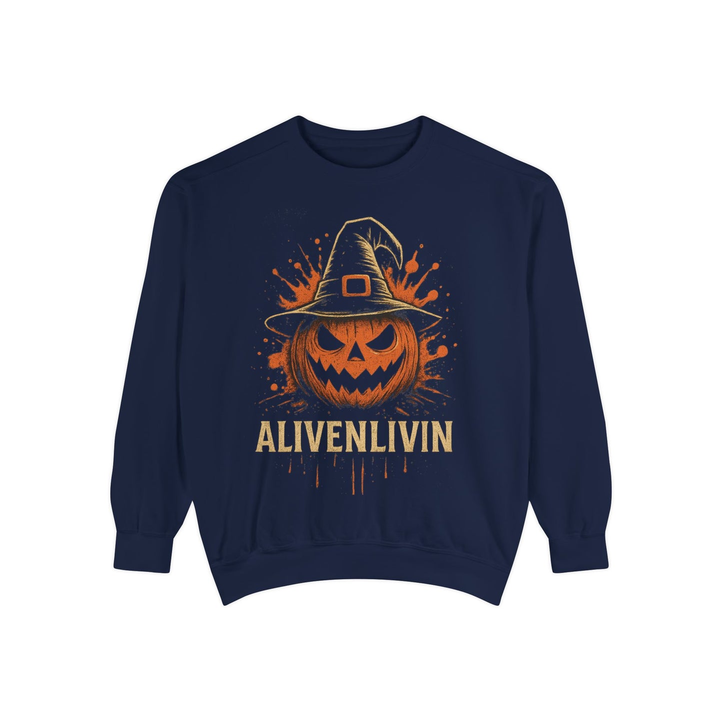 Halloween Pumpkin Sweatshirt with 'ALIVENLIVIN' Design, Cozy Unisex Garment-Dyed Sweatshirt for Fall, Perfect for Halloween, Autumn [...]