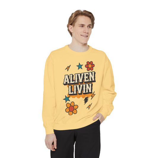 Vibrant Unisex Sweatshirt with 'Aliven Livin' Design, Cozy Apparel for Everyday Comfort, Ideal for Casual Wear, Gifts, and Festivals