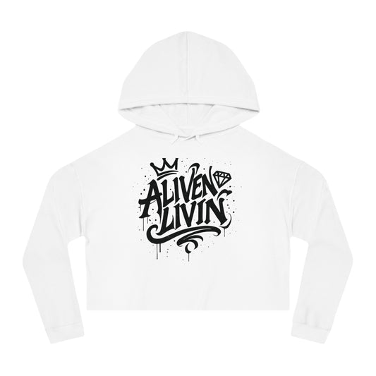 Trendy Cropped Hooded Sweatshirt with 'ALIVEN LIVIN' Design, Casual Streetwear for Women, Perfect for Everyday Wear, Gift for Her, [...]
