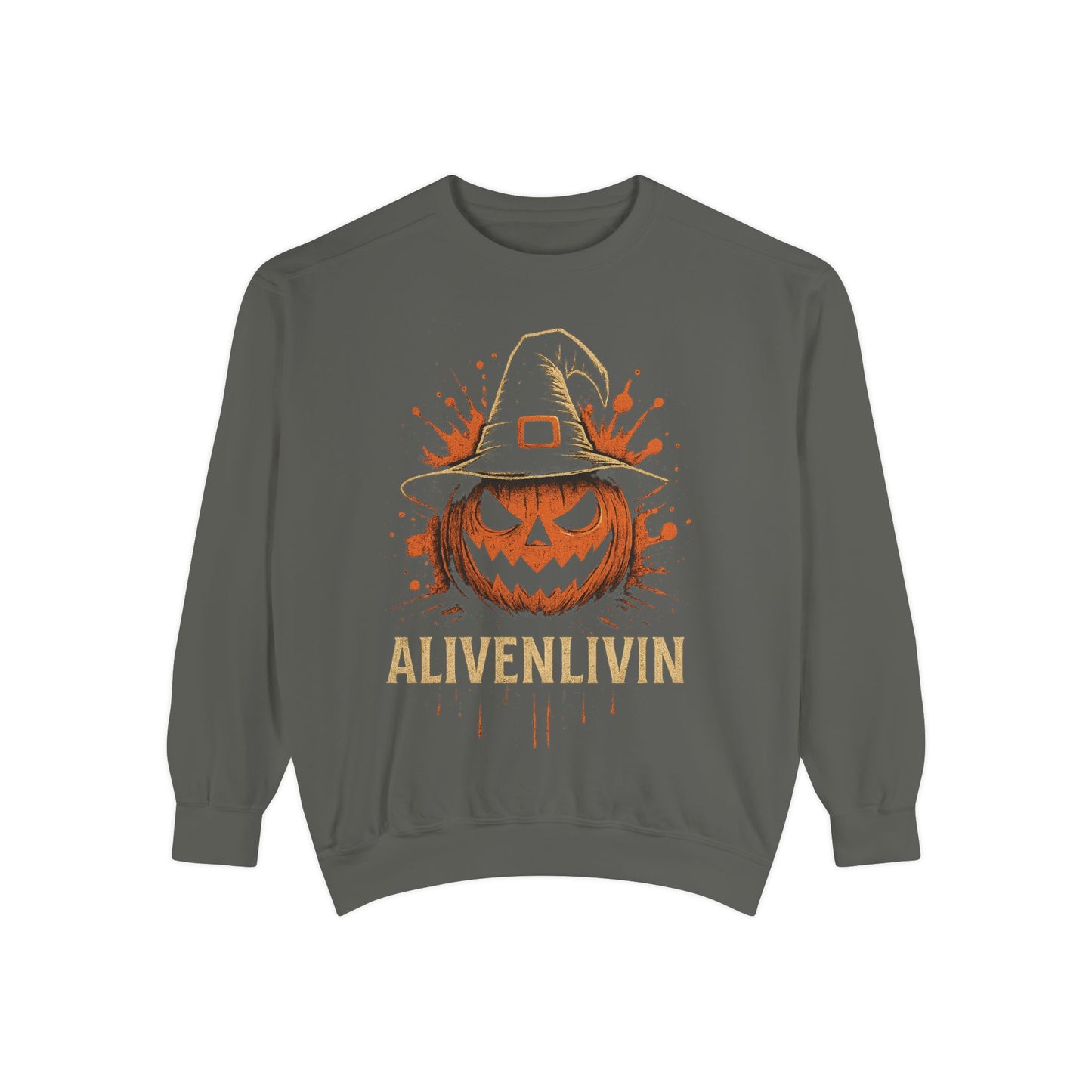 Halloween Pumpkin Sweatshirt with 'ALIVENLIVIN' Design, Cozy Unisex Garment-Dyed Sweatshirt for Fall, Perfect for Halloween, Autumn [...]