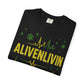 Vibrant Graphic T-Shirt for Music Lovers, ALIVENLIVIN Tee, Casual Wear for Concerts, Unisex Apparel, Gift for Him/Her