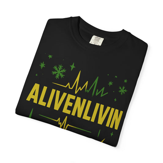 Vibrant Graphic T-Shirt for Music Lovers, ALIVENLIVIN Tee, Casual Wear for Concerts, Unisex Apparel, Gift for Him/Her
