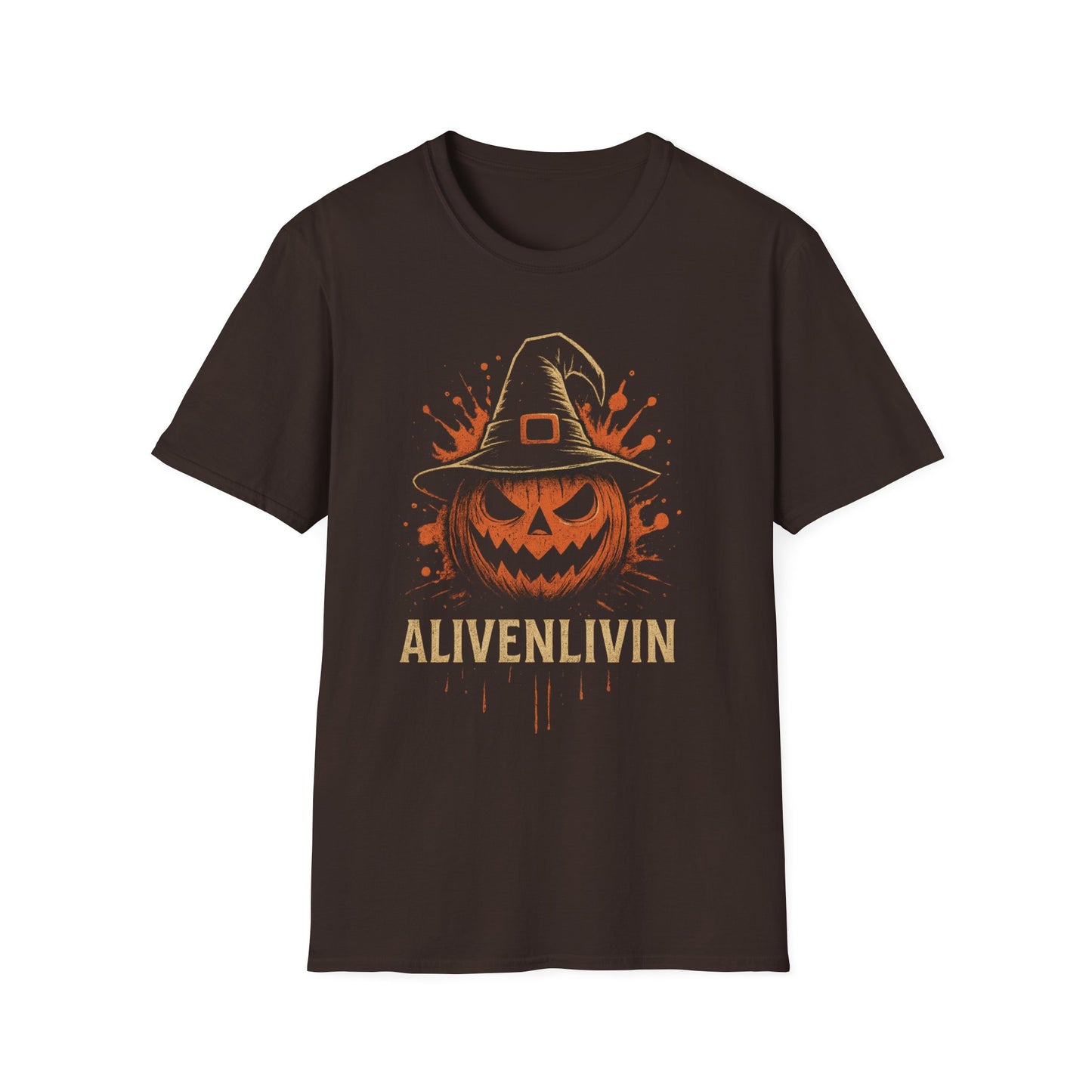 Halloween Pumpkin T-Shirt, Unisex Casual Tee, Spooky Season Apparel, Fall Festive Wear, Gift for Halloween Lovers, ALIVENLIVIN Shirt