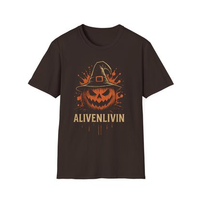 Halloween Pumpkin T-Shirt, Unisex Casual Tee, Spooky Season Apparel, Fall Festive Wear, Gift for Halloween Lovers, ALIVENLIVIN Shirt