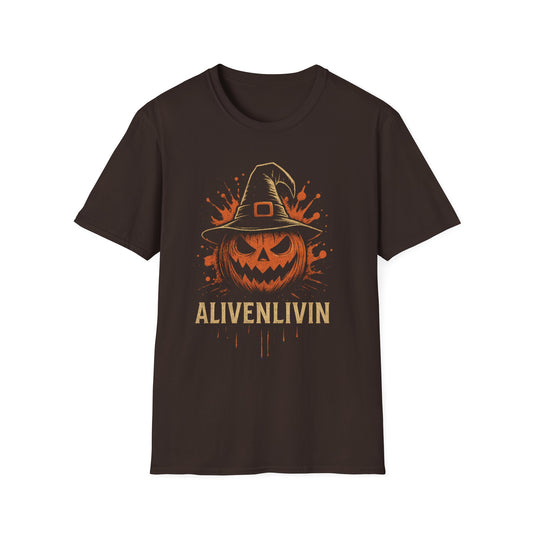 Halloween Pumpkin T-Shirt, Unisex Casual Tee, Spooky Season Apparel, Fall Festive Wear, Gift for Halloween Lovers, ALIVENLIVIN Shirt