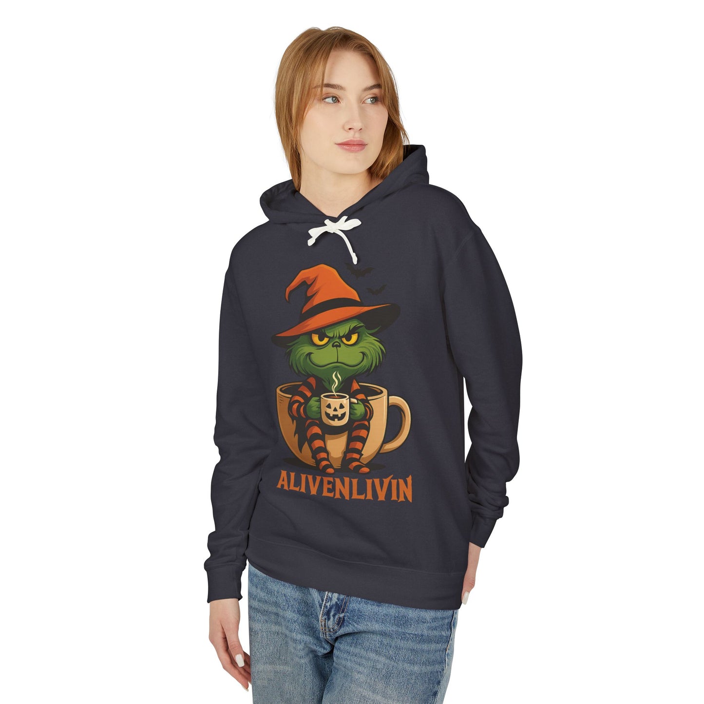 Whimsical Grinch Coffee Hoodie, Cozy Sweatshirt for Fall Vibes, Halloween Gift, Unisex Lightweight Hooded Sweatshirt, Funny Festive Apparel