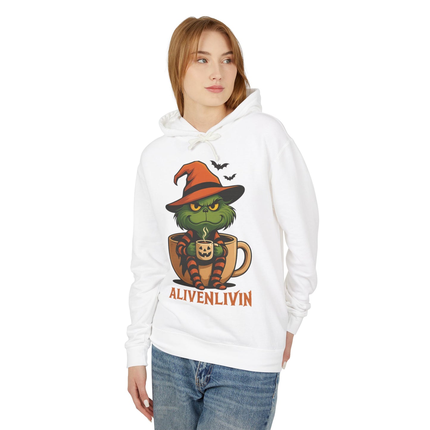 Whimsical Grinch Coffee Hoodie, Cozy Sweatshirt for Fall Vibes, Halloween Gift, Unisex Lightweight Hooded Sweatshirt, Funny Festive Apparel
