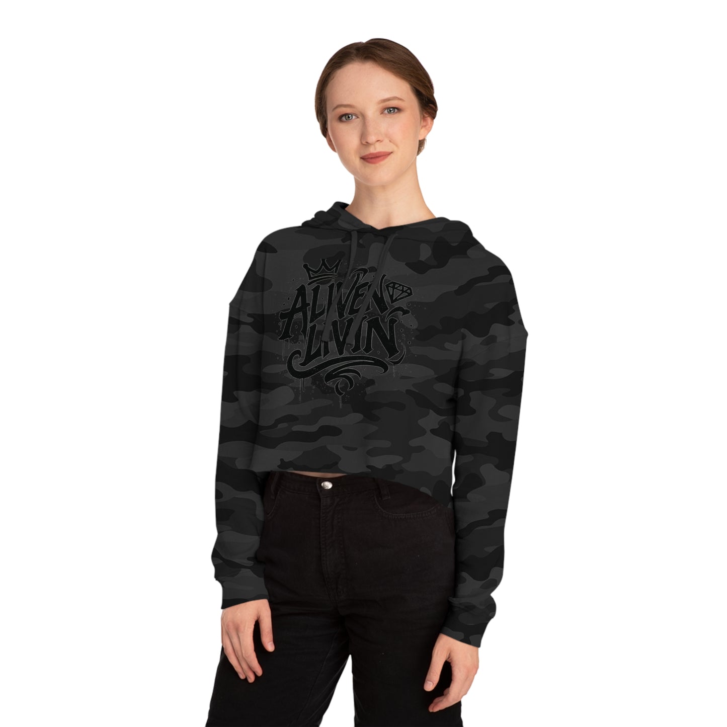 Trendy Cropped Hooded Sweatshirt with 'ALIVEN LIVIN' Design, Casual Streetwear for Women, Perfect for Everyday Wear, Gift for Her, [...]