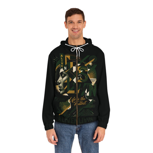 Vibrant AOP ALIVENLIVIN Men's Full-Zip Hoodie - Celebrate Life, Unique Style, Perfect for Casual Wear, Gift for Him, Cozy Comfort