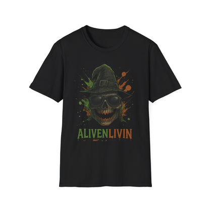 Halloween Skull Graphic Tee, Unisex Softstyle T-Shirt, Festival Shirt, Spooky Party Outfit, Casual Wear, Gift for Horror Fans
