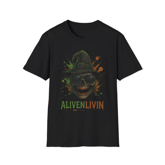 Halloween Skull Graphic Tee, Unisex Softstyle T-Shirt, Festival Shirt, Spooky Party Outfit, Casual Wear, Gift for Horror Fans