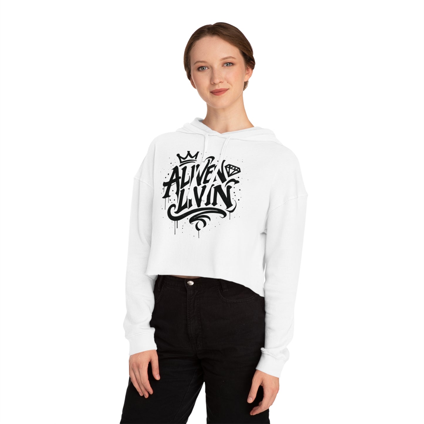 Trendy Cropped Hooded Sweatshirt with 'ALIVEN LIVIN' Design, Casual Streetwear for Women, Perfect for Everyday Wear, Gift for Her, [...]