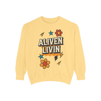 Vibrant Unisex Sweatshirt with 'Aliven Livin' Design, Cozy Apparel for Everyday Comfort, Ideal for Casual Wear, Gifts, and Festivals