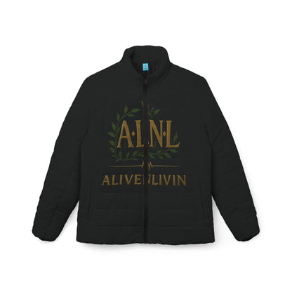 Black Womens Puffer Jacket with ALIVENLIVIN Logo, Warm Winter Coat, Stylish Outerwear, Trendy Fashion Apparel, Gift for Her, Winter Holiday