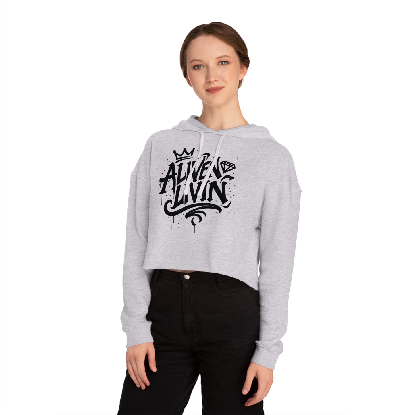 Trendy Cropped Hooded Sweatshirt with 'ALIVEN LIVIN' Design, Casual Streetwear for Women, Perfect for Everyday Wear, Gift for Her, [...]