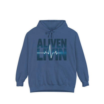 Garment-Dyed Hoodie with 'ALIVEN LIVIN' Design | Cozy Casual Wear, Unisex Sweatshirt, Perfect Gift for Wellness Lovers, Everyday Comfort