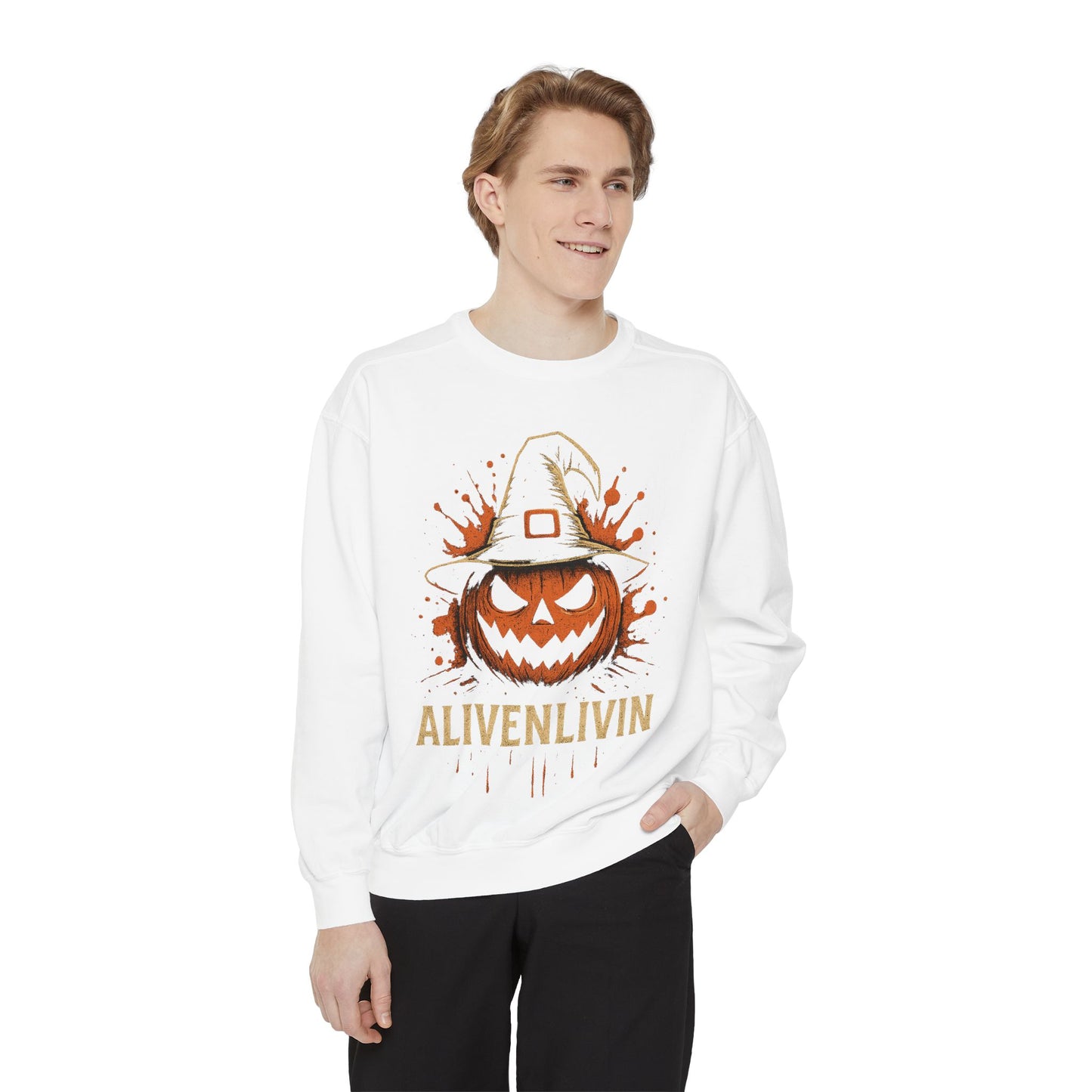 Halloween Pumpkin Sweatshirt with 'ALIVENLIVIN' Design, Cozy Unisex Garment-Dyed Sweatshirt for Fall, Perfect for Halloween, Autumn [...]